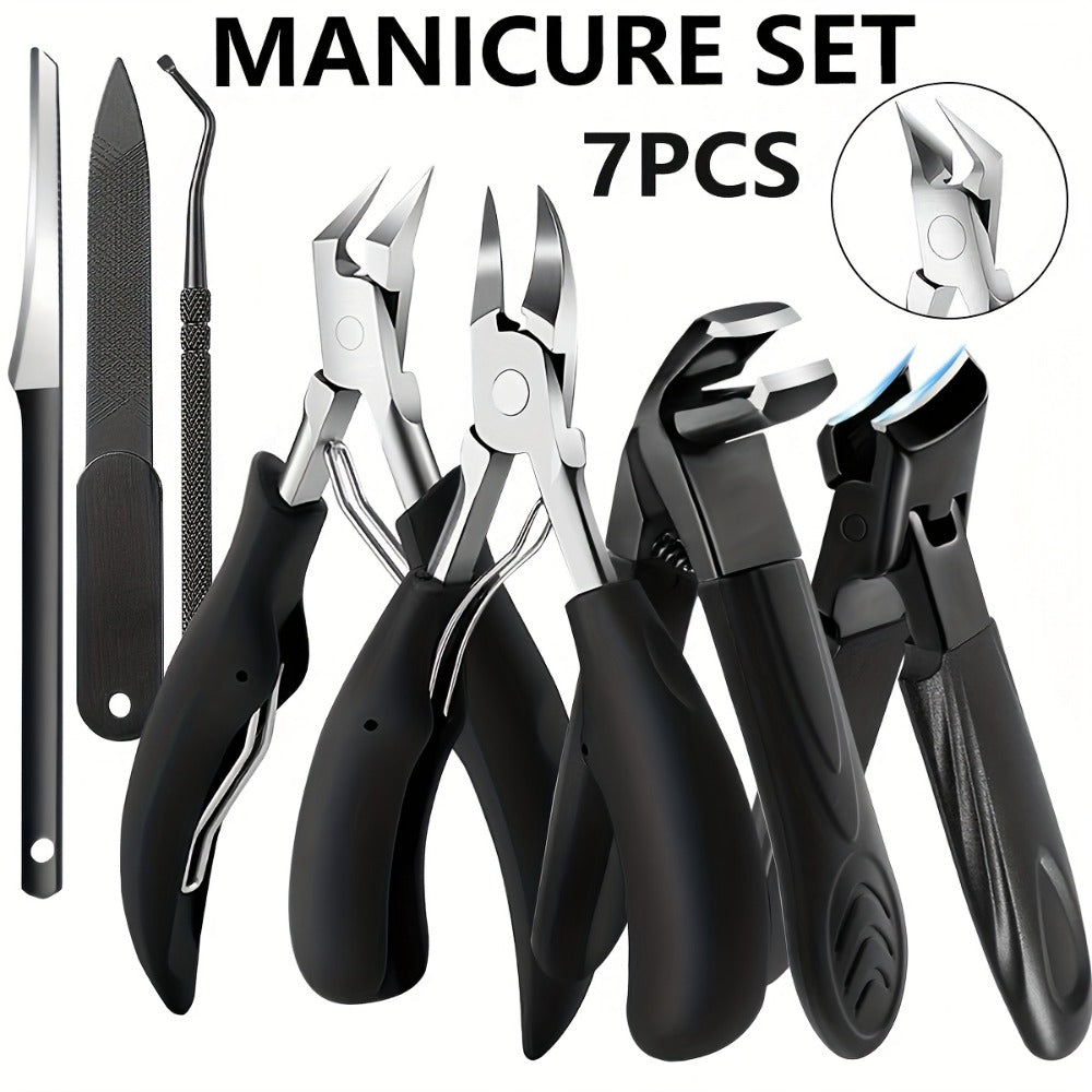 Seven-Piece Toenail Tool Set with Four Black-Handle Clippers, File and Two Slim Detail Tools