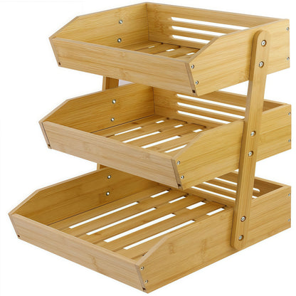 Fruit Rack Kitchen Organizer 2 or 3 Tier Natural Bamboo Freestanding Basket Shelf with Two Hooks