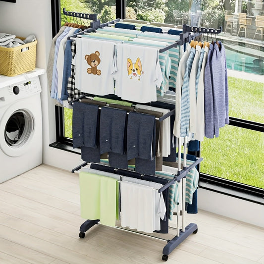 Clothes Drying Rack 4-Tier Foldable Metal Laundry Rack with Rolling Casters, Holds 30+ Garments, Adjustable Shelf Heights