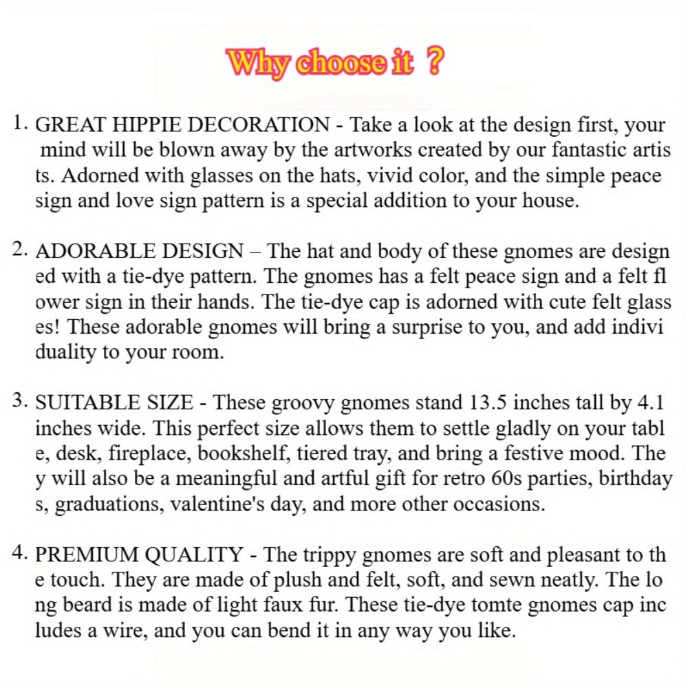 Hippie Gnomes Decorations 2 Pack – Groovy Tie Dye Tomte Figurines with Peace Sign & Fashion Glasses, 13.5" Swedish Gnome Shelf Sitters