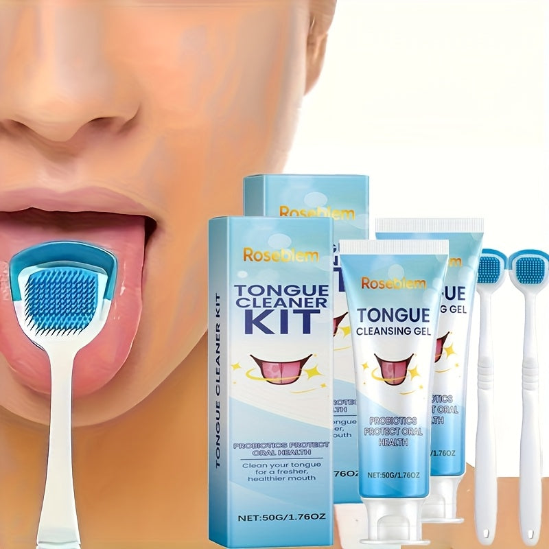 Tongue Cleaner Kit with Probiotic Cleansing Gel & Tongue Brush, Bad Breath Eliminator Fresh Mouth Daily Oral