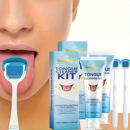 Tongue Cleaner Kit with Probiotic Cleansing Gel & Tongue Brush, Bad Breath Eliminator Fresh Mouth Daily Oral