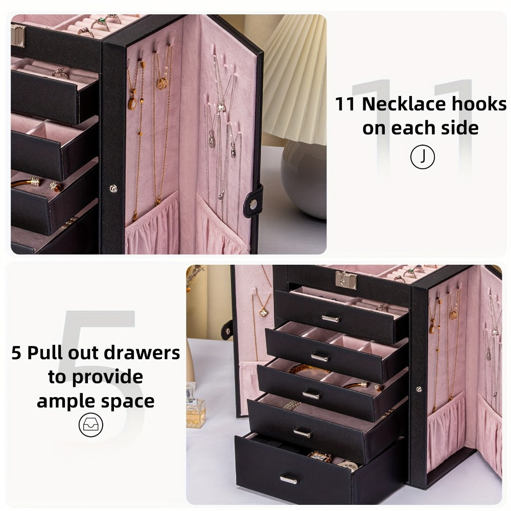 Jewelry Organizer 6-Tier Brown Storage Box with 5 Drawers, Built-In Mirror and Key-Lock Closure