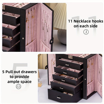 Jewelry Organizer 6-Tier Brown Storage Box with 5 Drawers, Built-In Mirror and Key-Lock Closure