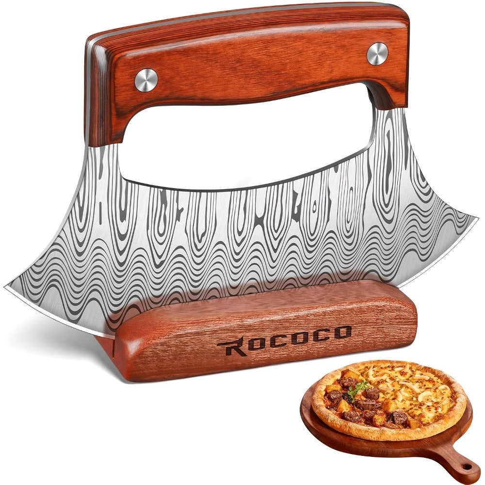 Hand-Forged Ulu Knife Rocker Blade High Carbon Steel Full Tang Rosewood Handle with Leather Sheath & Gift Box