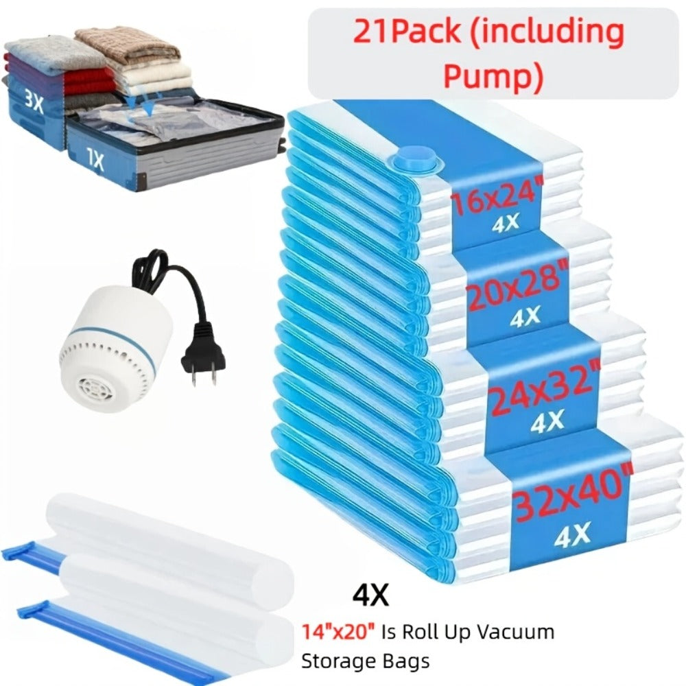 Vacuum Storage Bags with Air Pump, 20-21 Pack Reusable Compression Bags for Clothes, Quilts & Blankets