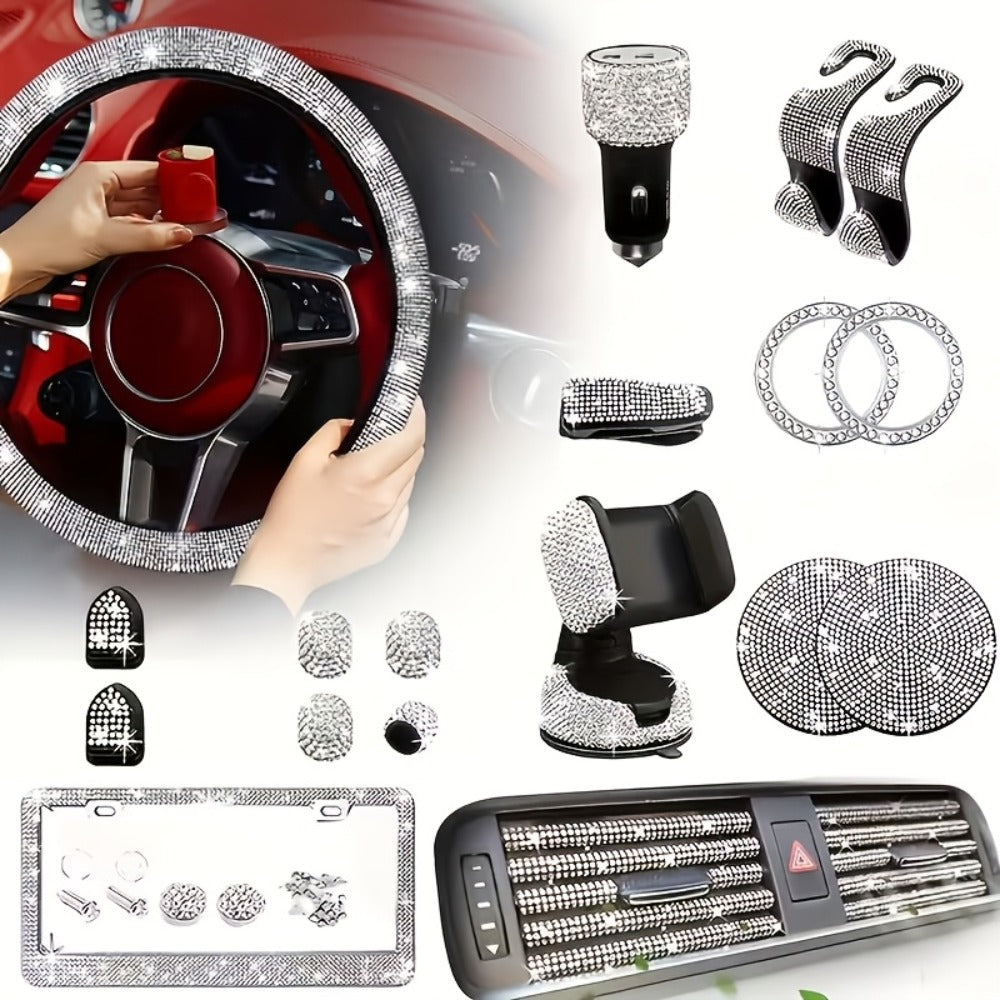 27pcs Bling Car Accessories Set for Women – Steering Wheel Cover 15", Car Coasters, License Plate Frame & Phone Holder
