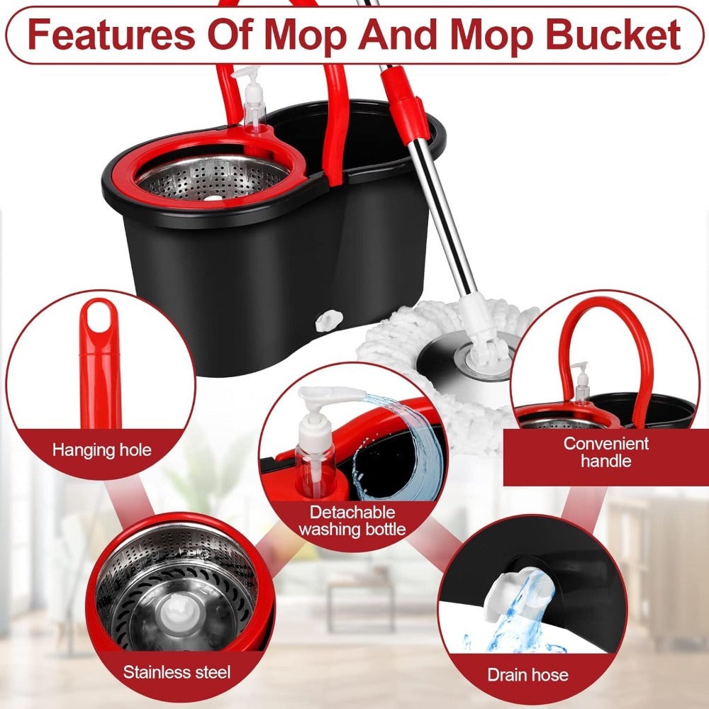 Spin Mop and Bucket with Wringer Set, 360° Spinning Mop System, 4 Microfiber Replacement Heads, Stainless Steel Adjustable Handle