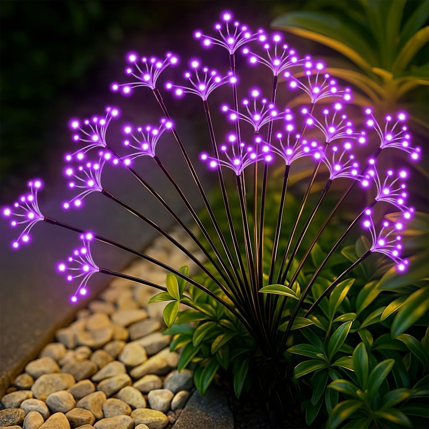 Solar Garden Lights 4-Pack Swaying Firework Stakes with Two Modes and Six Colors for Flowerbed Decor