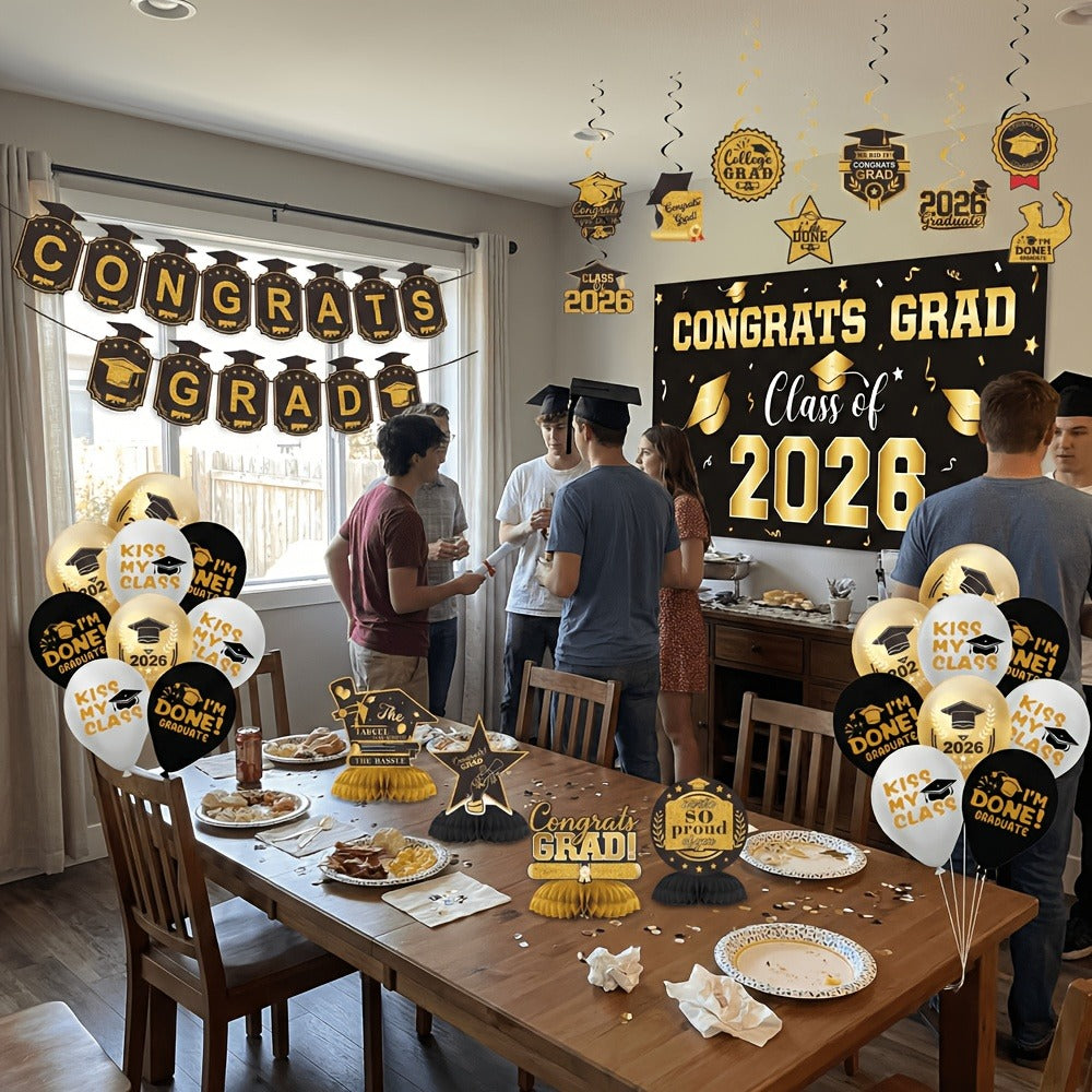 Class of 2026 Graduation Decoration Set with Letter Banner, Hanging Pieces and Six Color Options