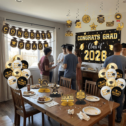 Class of 2026 Graduation Decoration Set with Letter Banner, Hanging Pieces and Six Color Options
