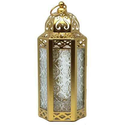 Moroccan Candle Lantern Holder - Decorative Metal & Glass Lantern with Embossed Floral Design for Indoor Home Decor