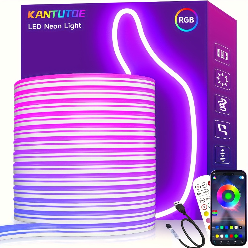 RGB LED Neon Light Strip Flexible Rope Light, App & Remote Control Color Changing for Bedroom Gaming Room Party Outdoor Indoor Decor
