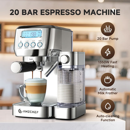 Espresso Machine 20 Bar with Milk Frother, Dual Boiler Coffee Maker, Touch Control, Cappuccino & Latte Machine with Dual Wall Filters
