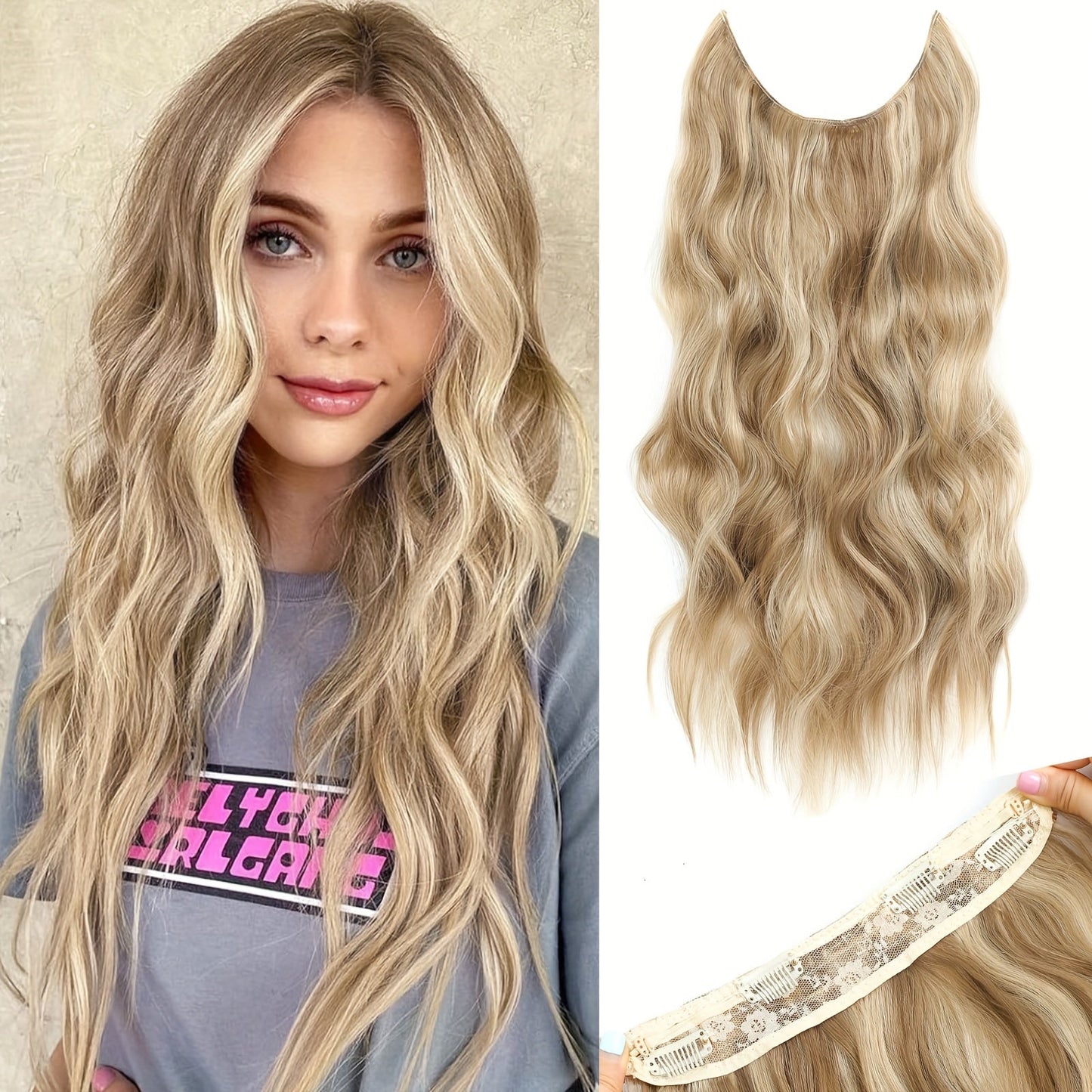 Invisible Wire Hair Extensions 22 Inch for Women – Transparent Fish Line 4 Clips Long Wavy Hairpiece for Thin Fine Hair