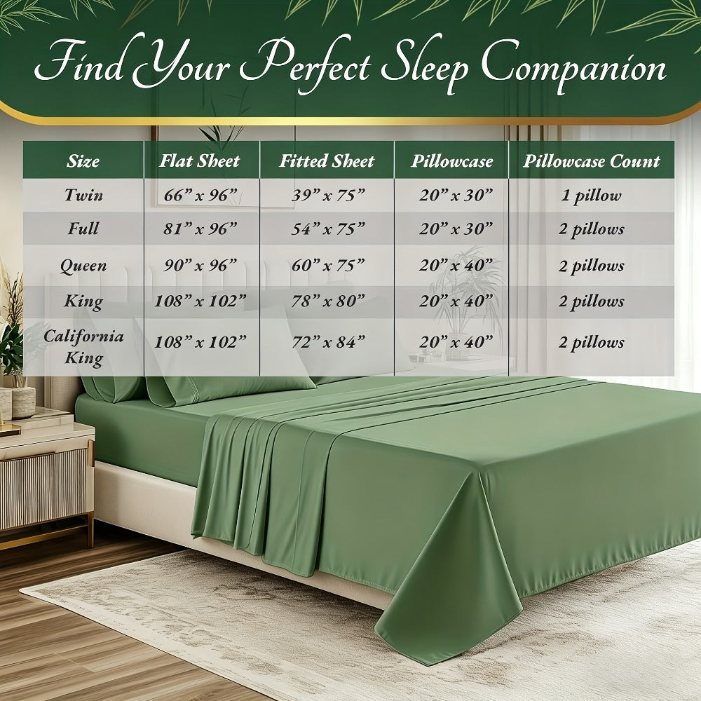 Bed Sheet Set Bamboo-Derived Fabric with Four Bed Sizes, specified Sheet Dimensions and Thirteen Colors