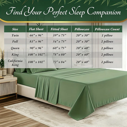 Bed Sheet Set Bamboo-Derived Fabric with Four Bed Sizes, specified Sheet Dimensions and Thirteen Colors