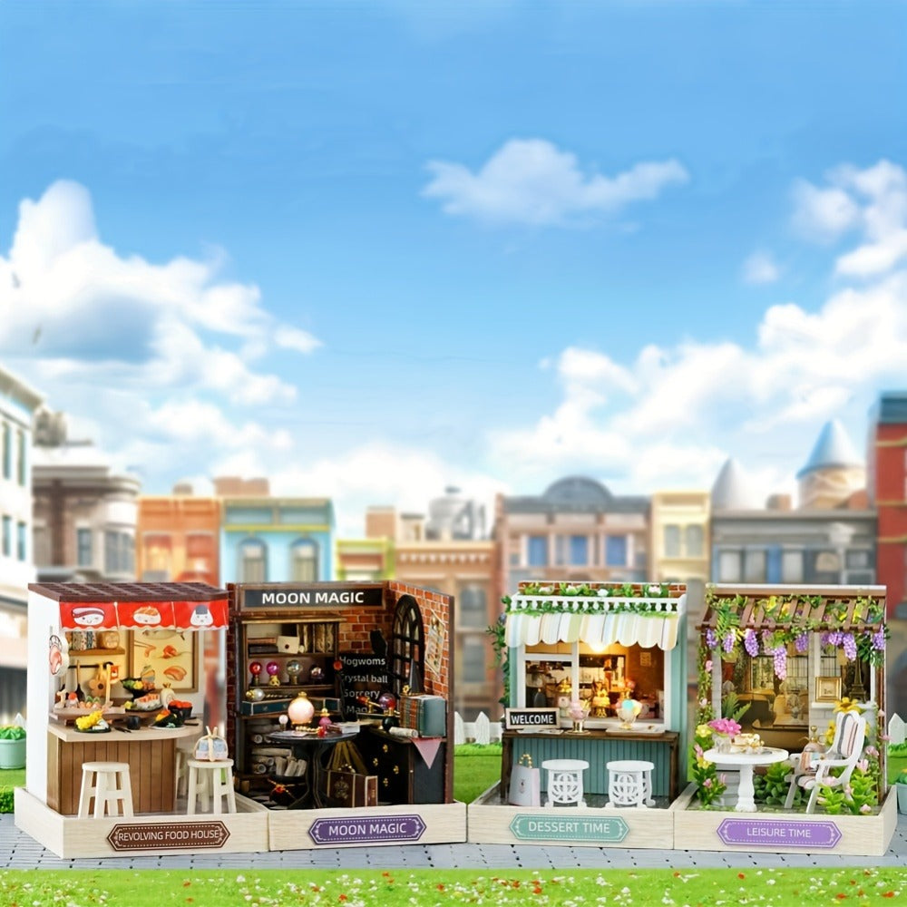 DIY Wooden Tiny House Kit with Dust Cover, Handmade Miniature Dollhouse Puzzle, 3 Themes Afternoon Tea Rotating Food House Moon Magic