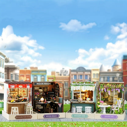 DIY Wooden Tiny House Kit with Dust Cover, Handmade Miniature Dollhouse Puzzle, 3 Themes Afternoon Tea Rotating Food House Moon Magic