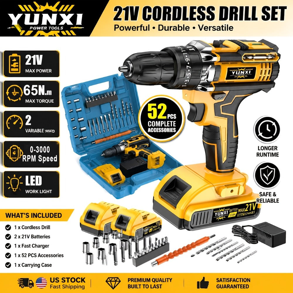Cordless Impact Drill Set 21V, Electric Power Drill with 2.0Ah Battery, Fast Charger, Screwdriver Bits