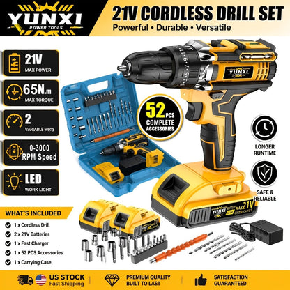 Cordless Impact Drill Set 21V, Electric Power Drill with 2.0Ah Battery, Fast Charger, Screwdriver Bits