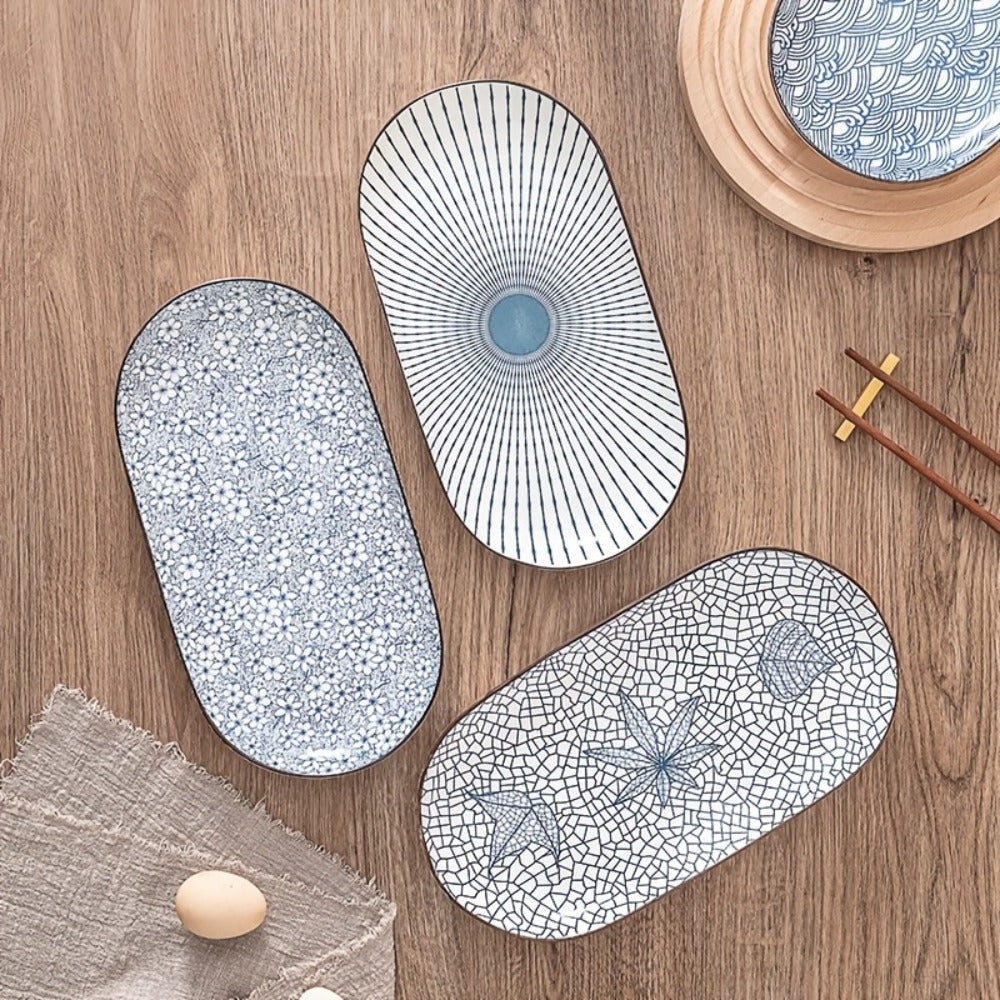 Japanese Blue White Porcelain Fish Plates Set of 4 – 12 Inch Ceramic Serving Plates, Microwave & Oven Safe Steaming Baking Tableware
