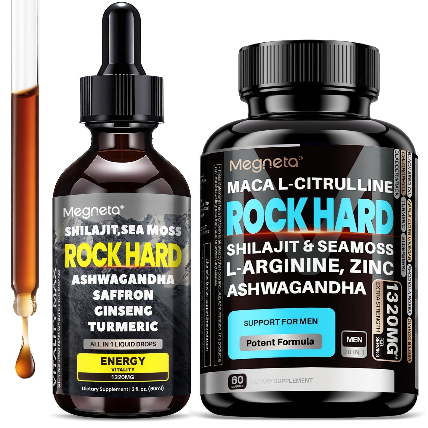 Two-Piece Men's Health Supplement Set with One Capsule Bottle and One Liquid Dropper Bottle in Coordinated Packaging