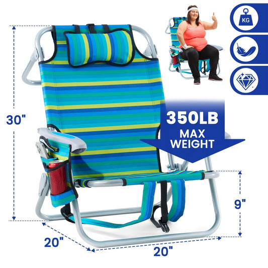 Folding Beach Chair Lay Flat Camping Chair for Adults 4 Position Adjustable Backpack Chair with Cup Holder Towel Bar Cooler Pouch