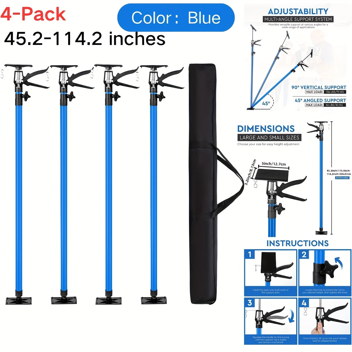 Adjustable Steel Support Rods for Drywall & Cabinet Installation, Extendable Construction Support Poles 19.7"-45.3" / 45"-114"