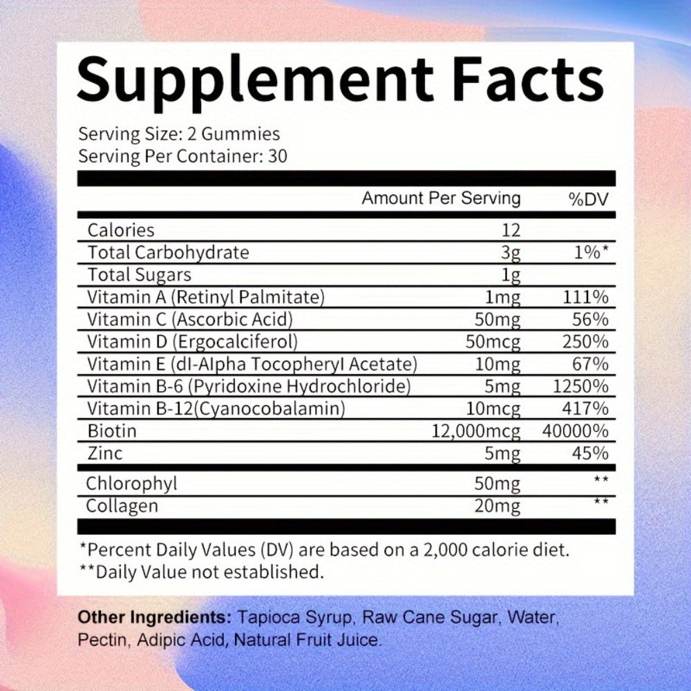 Biotin Gummies 12000mcg, with Collagen, Keratin, Chlorophyll, Zinc & Vitamins A B6 B12 C D E, Hair