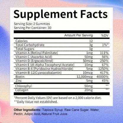Biotin Gummies 12000mcg, with Collagen, Keratin, Chlorophyll, Zinc & Vitamins A B6 B12 C D E, Hair