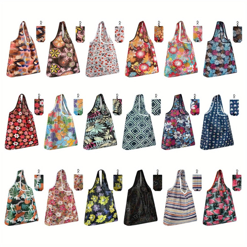 Reusable Grocery Bags Foldable Nylon Tote Bags Waterproof Washable Eco-Friendly Shopping Bag Set with Cute Floral Stripe Polka Dot Leopard