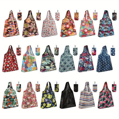 Reusable Grocery Bags Foldable Nylon Tote Bags Waterproof Washable Eco-Friendly Shopping Bag Set with Cute Floral Stripe Polka Dot Leopard