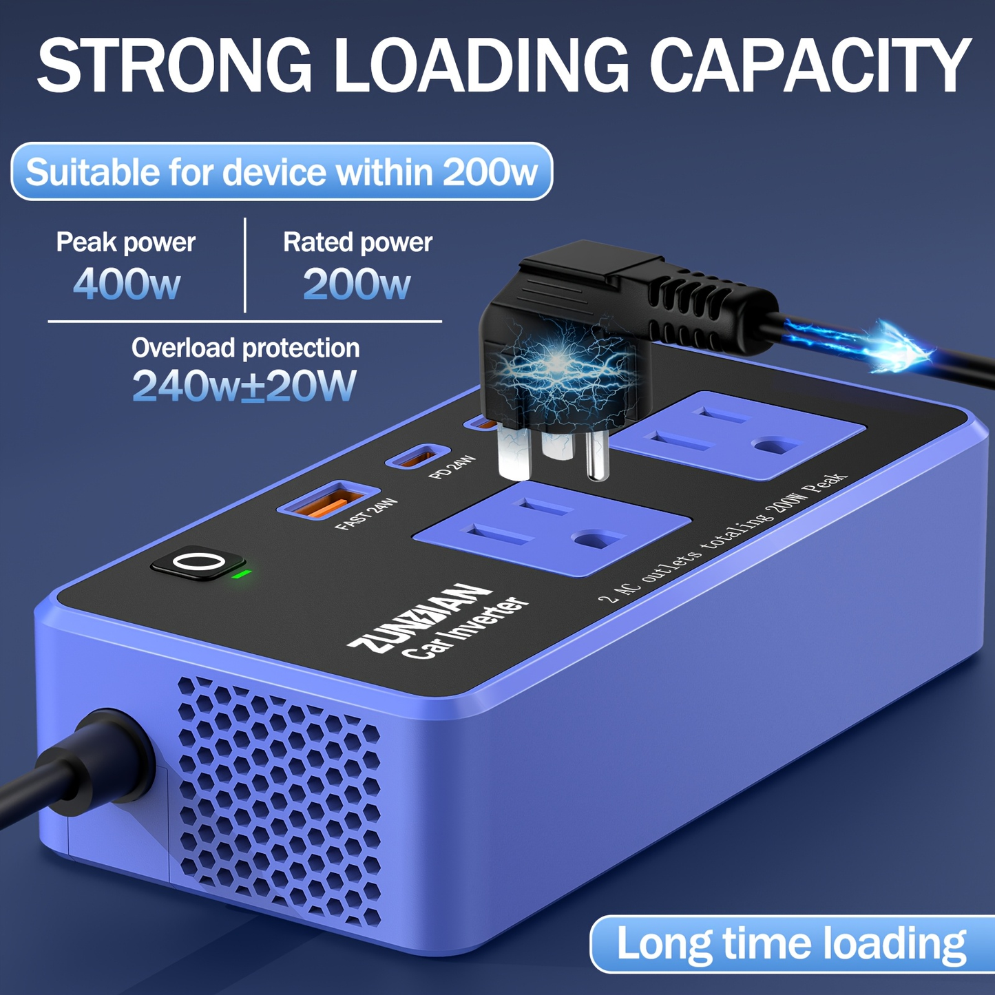 Car Inverter Charger 200W DC 12V to AC 110V with PD 24W USB-C QC 24W Quick Charge Car Plug Adapter US Socket for Vehicle Office Camping Road
