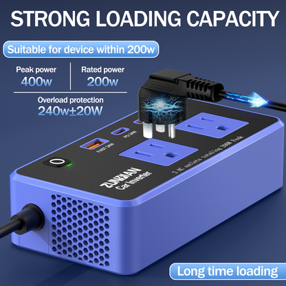 Car Inverter Charger 200W DC 12V to AC 110V with PD 24W USB-C QC 24W Quick Charge Car Plug Adapter US Socket for Vehicle Office Camping Road