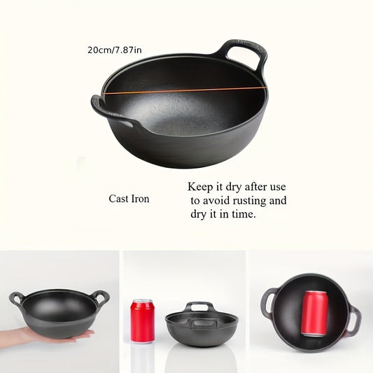 20cm Cast Iron Serving Pan with Dual Loop Handles, Rounded Deep Profile and Enamel Base Layer for Oven or Stovetop Use