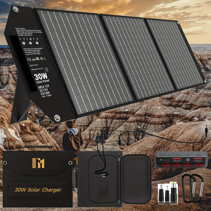 Portable Solar Panel Charger 30W 60W, Foldable Monocrystalline with 18V MC4, DC 12V, USB-A QC3.0 & USB-C PD 18W for Camping