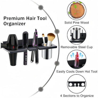 Wall Mounted Hair Tool Organizer – Wooden Hair Dryer Holder & Storage Rack for Curling Iron, Straightener & Brushes