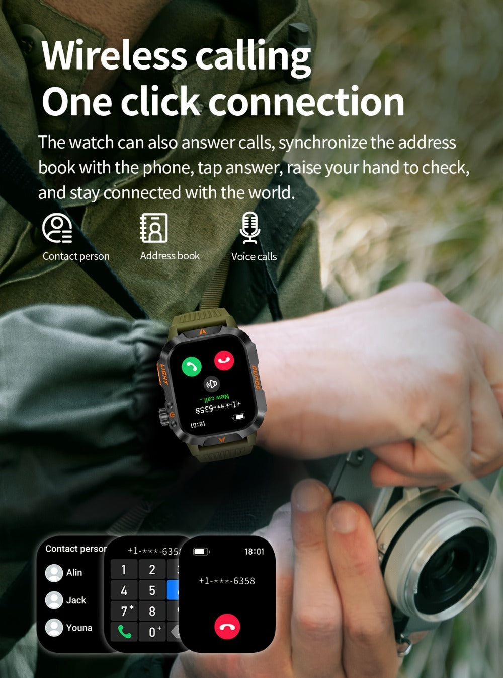 Smart Watch 2.01-Inch Rugged Display with Compass, LED Flashlight, Calling and Three Strap Combinations