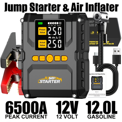 6500A Jump Starter with 150PSI Built-in Air Compressor QC3.0 USB-A USB-C LED Flashlight Smart Safety for Garden, Patio and Yard Use