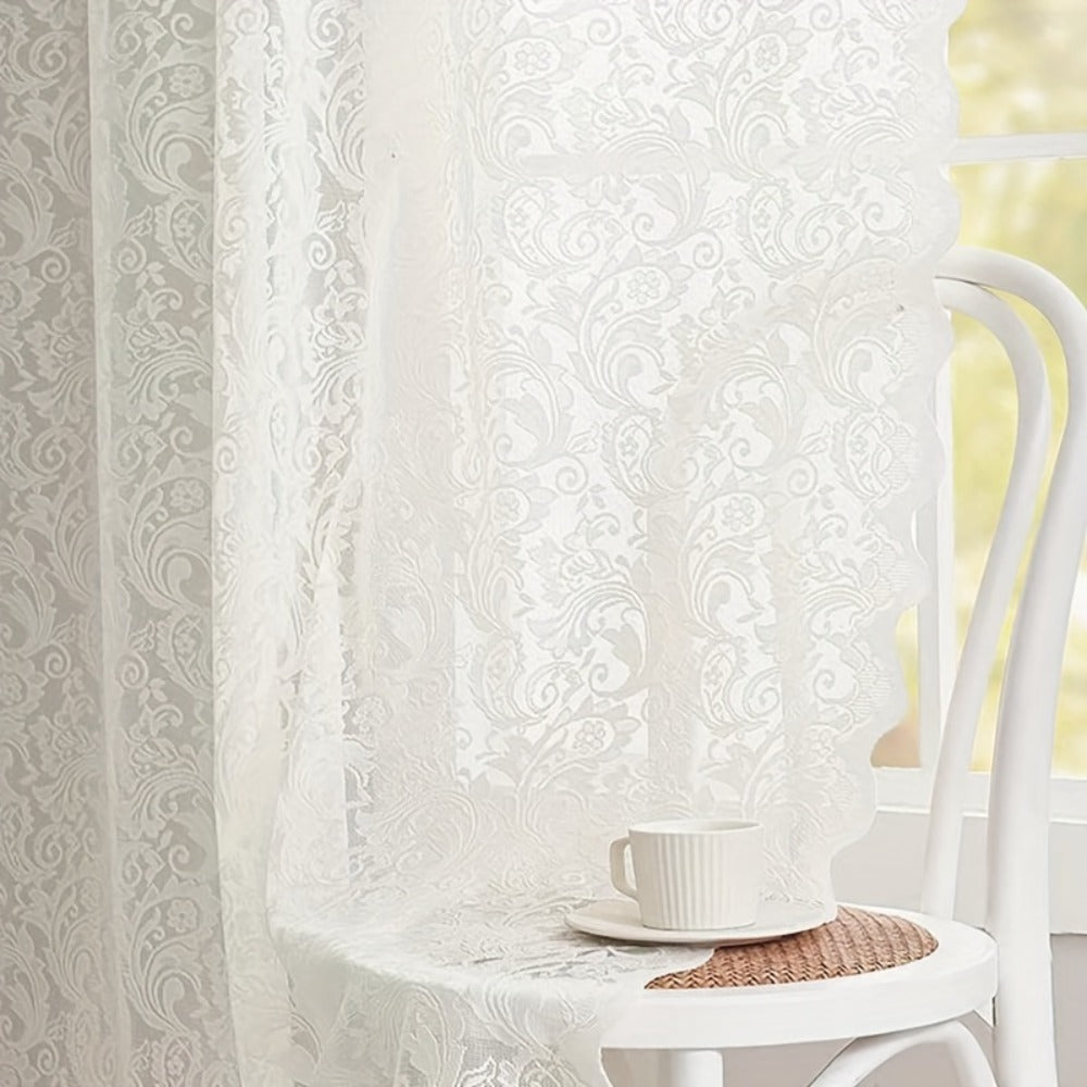 Sheer Curtain Rod Pocket Floral Lace Semi-Sheer Window Panel for Living Room Bedroom Kitchen Bathroom, 100% Polyester, Machine Washable