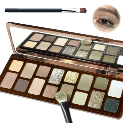 Eyeshadow Palette 16-Shade Brown and Green Compact with Matte, Shimmer and Glitter Finish Mix