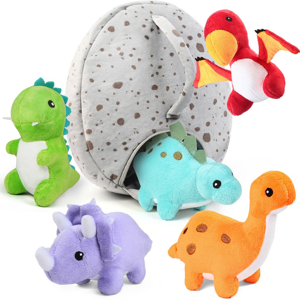 Plush Toy Five-Pack Mini Dinosaur Set with 5 6-Inch Dinos and Green Egg Carrying Case for Display