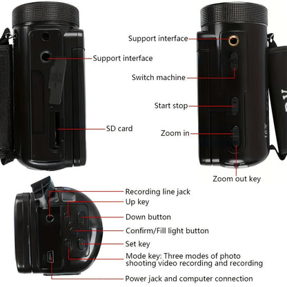 Digital Video Camera HD 1080P with Flip Screen & External Microphone, 16MP 16X Zoom Compact Camcorder for Family