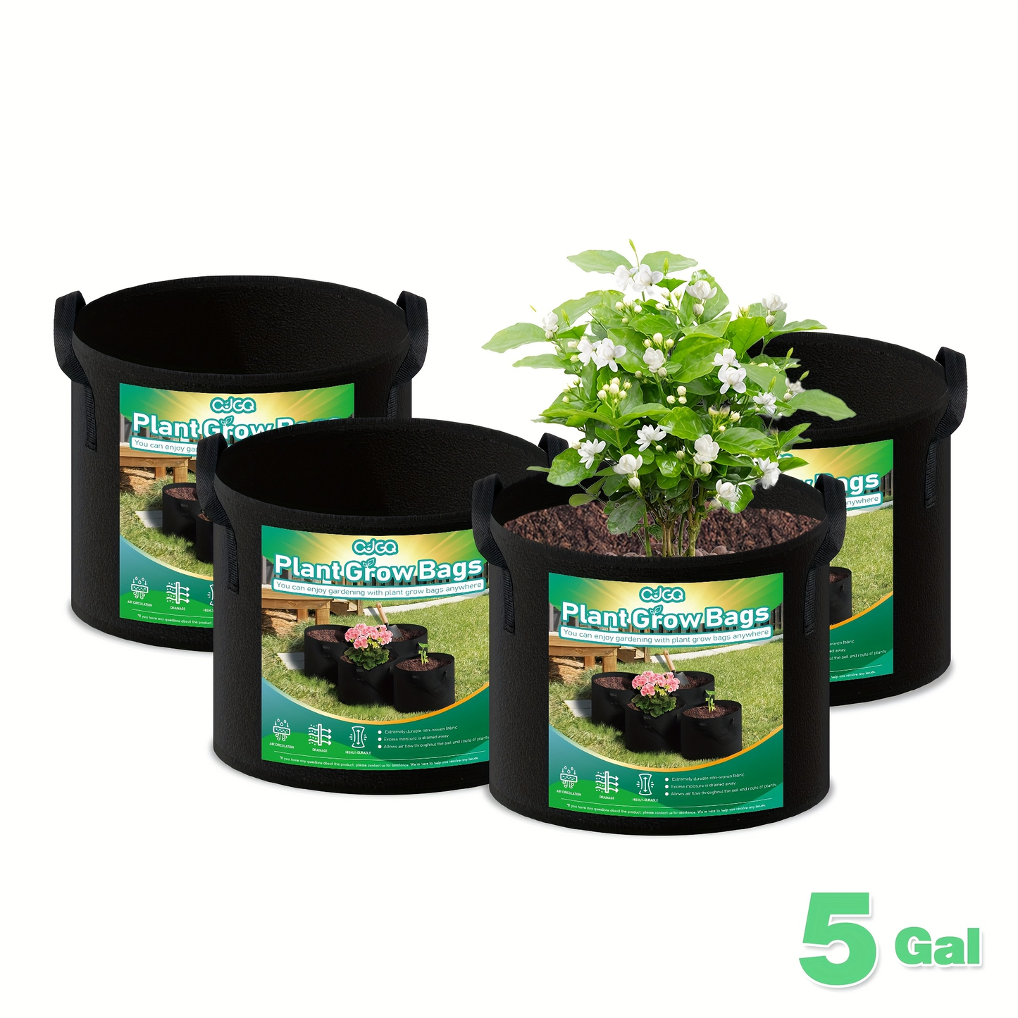 Four-Pack Black Grow Bags with Handles in 5-Gallon or 10-Gallon-Labeled Size Options for Container Gardening