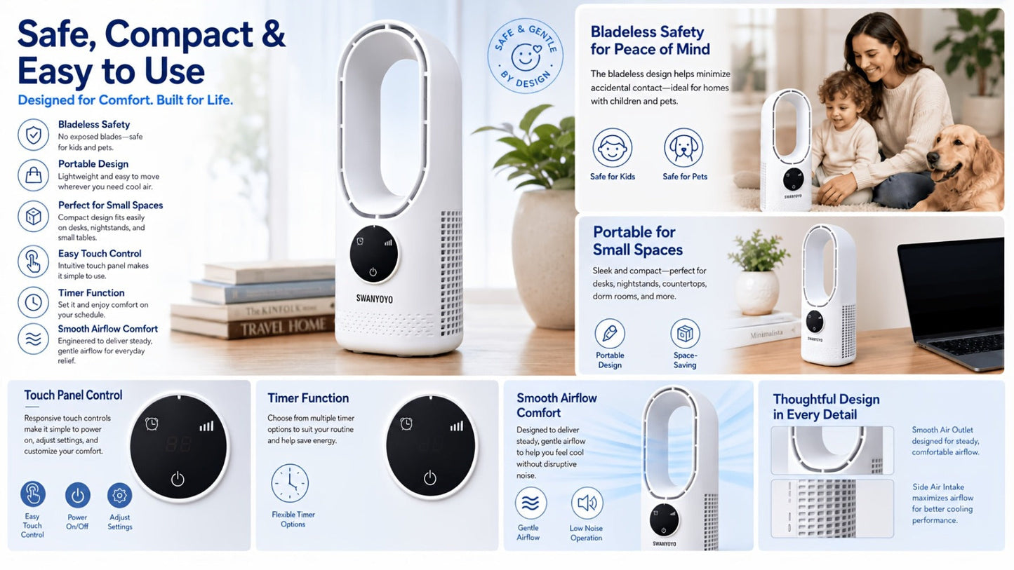 Portable Fan USB-Powered Bladeless Tower Model with Water Mist, Remote, Touch Controls and LED Light