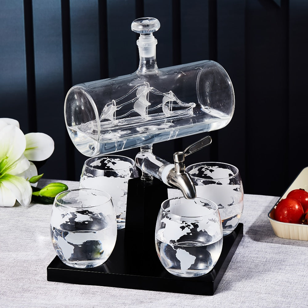 Whiskey Decanter Set with Glasses and Wooden Stand Ball Globe 28oz or Sailboat 44oz Etched for Home Cooking, Dining and Outdoor Meals