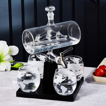 Whiskey Decanter Set with Glasses and Wooden Stand Ball Globe 28oz or Sailboat 44oz Etched for Home Cooking, Dining and Outdoor Meals