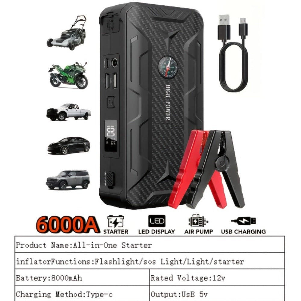 Portable Car Jump Starter 10000A – 9-in-1 Battery Booster with 350PSI Tire Inflator, LED Light, USB-C Fast Charging