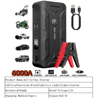 Portable Car Jump Starter 10000A – 9-in-1 Battery Booster with 350PSI Tire Inflator, LED Light, USB-C Fast Charging